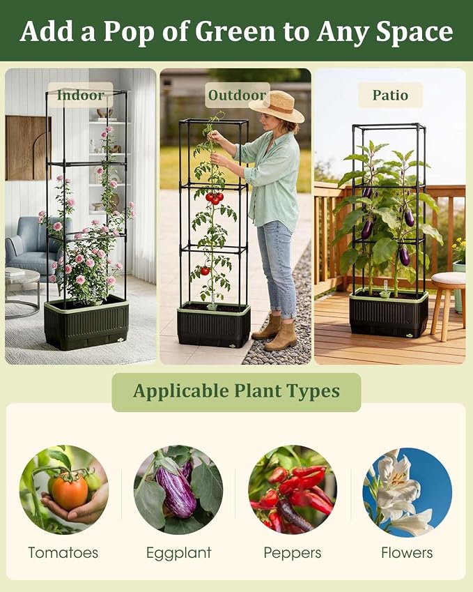 Self Watering Tomato Planter with Trellis, Rectangular Tomato Cages Trellis for Raised Garden Bed, Tomato Planters Box for Garden Pots Patio Indoor Outdoor (Rectangular, 1PC)