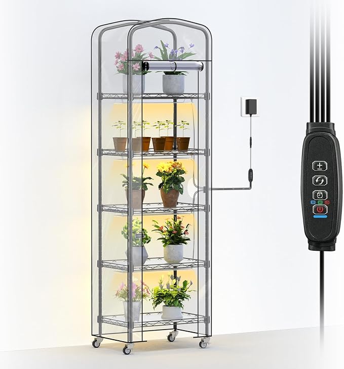 5-Tier Mini Greenhouse with Grow Light, Shelf Height Adjustable Metal Plant Shelf with PVC Cover and Wheels, Includes 4-Pack Full Spectrum Plant Lights, 11x16x57inch