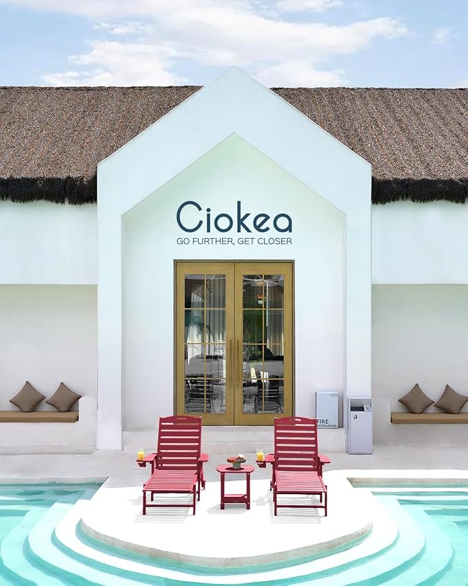 Ciokea Lounge Chair Outdoor, Oversized Chaise Lounge Chair with 5 Positions, HDPE, Patio Lounge Chair with Wheels & Cup Holder for Pool, Deck, Poolside, Red