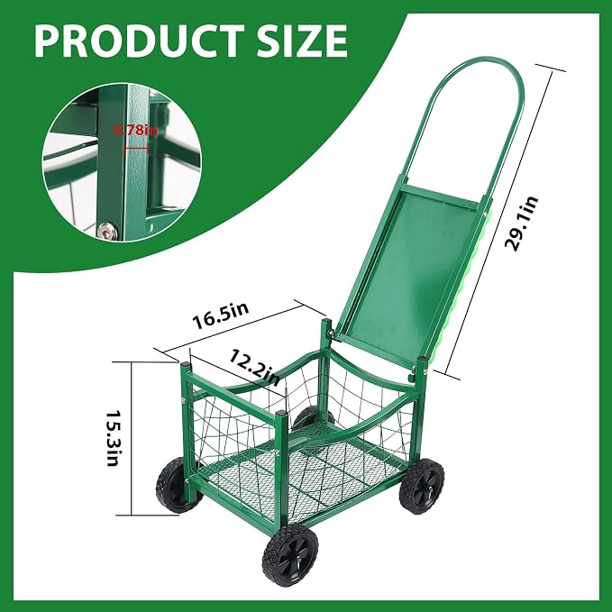Garden Rolling Work Seat with Wheels, Padded Foam Cushion, Wire Mesh Storage Basket, Steel Frame, Hold Max. 350Lbs