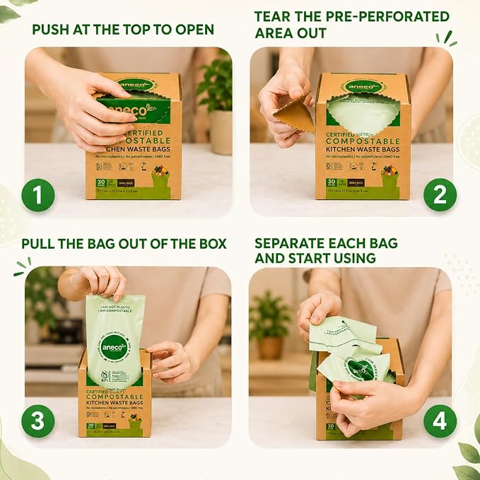 ANECO Compostable Trash Bags 4 Gallon (Flat-Top, 100 Count), Extra Strong for Medium Kitchen Garbage, OK Compost HOME & BPI Certified Compostable