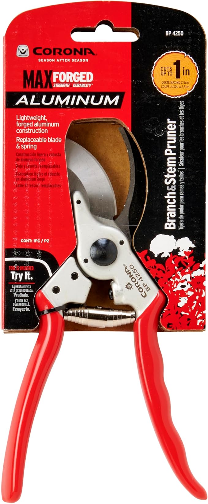 Corona Tools BP 4250 MAXFORGED Aluminum Bypass Pruner, 1-Inch Cut Capacity, Professional Hand Pruning Shears with Replaceable Steel Blade & Ergonomic Angled Head