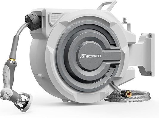 72 FT x 5/8" Retractable Garden Hose Reel by HOZEREEL, Outdoor Garden Hose Reels - Automatic Self Retract Wall Mount Hose Reel Enclosed Storage, Any Length Lock, 10 Pattern Nozzle-Grey