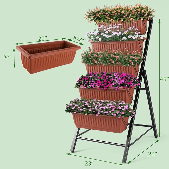 TEANDE 2 Pack Vertical Raised Garden Bed, 5-Tier Elevated Planter Box w/Drainage System & 4 Hooks for Herbs Vegetables Flowers, Vertical Garden Planter for Patio Yard Indoor Outdoor, Dark Red