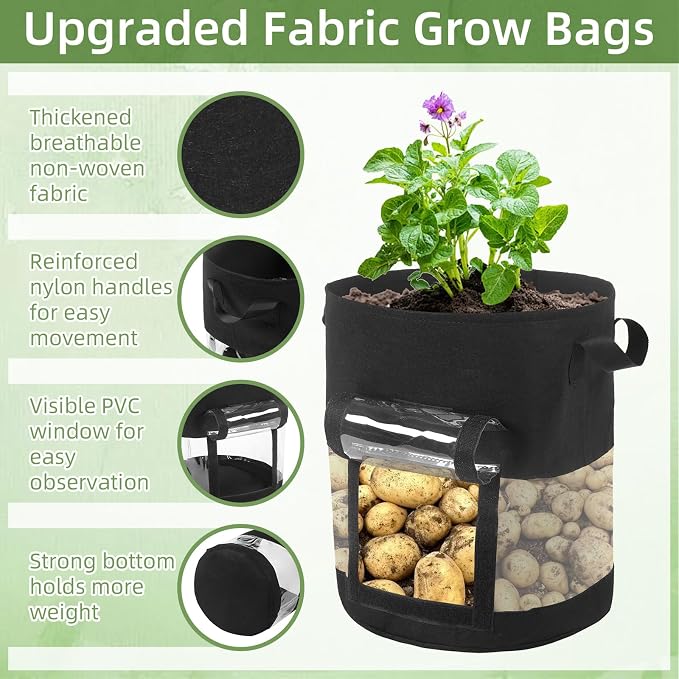 6 Pack 7 Gallon Visible Potato Grow Bags, Thickened Nonwoven Fabric Pots Potato Growing Containers with Handles & Visible Flap, Plant Grow Bags for Growing Potatoes, Tomatoes, Flowers, and Vegetables