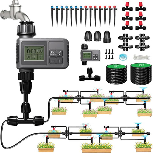 124FT Drip Irrigation System with LCD Timer, Automatic Watering System Kits,5/16 Inch Hose 1/4 Inch Distribution Tubing 3 Sprayer Types, for Garden, Greenhouse, Garden, Lawn