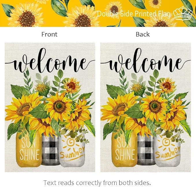 CROWNED BEAUTY Summer Sunflower House Flag Mason Jar Double Sided 28x40 Inches Large Burlap Seasonal Welcome Yard Porch Decoration for Outside