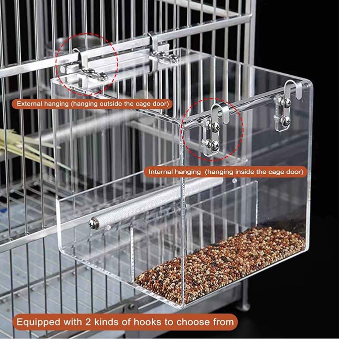 Automatic Bird Feeder for Cage, Automatic Acrylic Bird Feeder No Mess Bird Cage for Small Bird Parrots Canary Parakeet Budgerigar Crested Myna Cockatiel (L: 6.2" x 6.3" x 6.3")