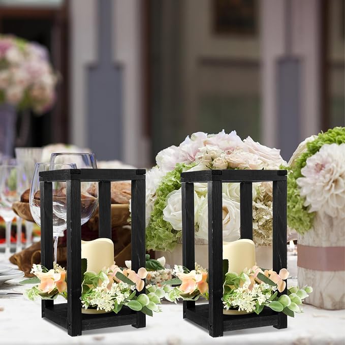 Hushee 30 Pcs Wooden Wedding Lantern Centerpiece Integrated Holders with Candles and Wreaths Rustic Wooden Candle Lantern Decor for Wedding Party Table Valentine Decor (Black)