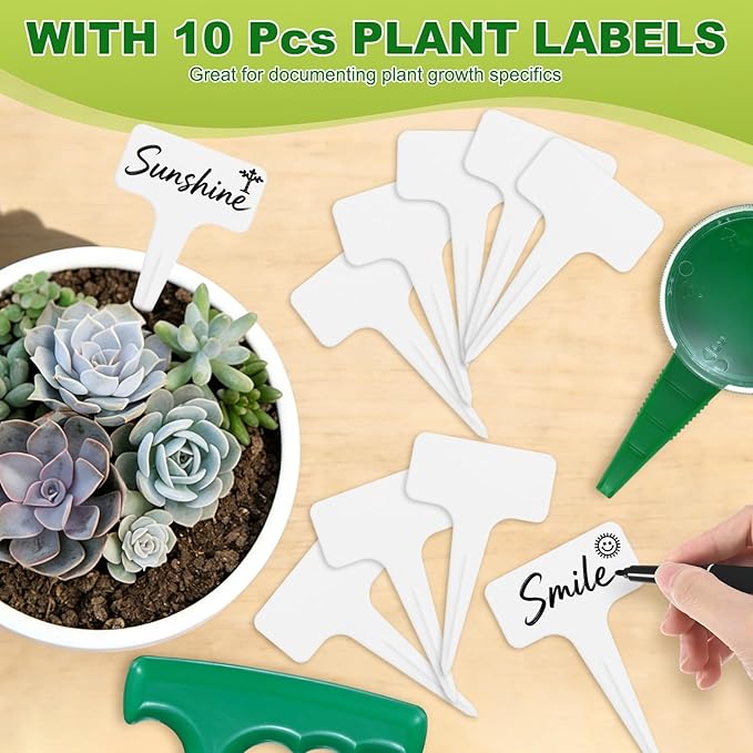 M METERXITY 1-Set Seed Planter Tool, Plastic Hand Dibber Garden Tool with Handle for Sowing Seeds/Transplanting/Planting Bulbs, Handheld Digging Hole Punch [Dark Green, with Plant Labels]