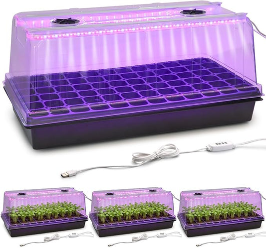 1020 Trays with Grow Light and 6.3" Humidity Dome - 4 Pack Heavy Duty Seed Trays with 72 Cell Plug Trays, Germination Kit with Timer and Dimmable LED - Reusable Plant Propagation Box for Gardening