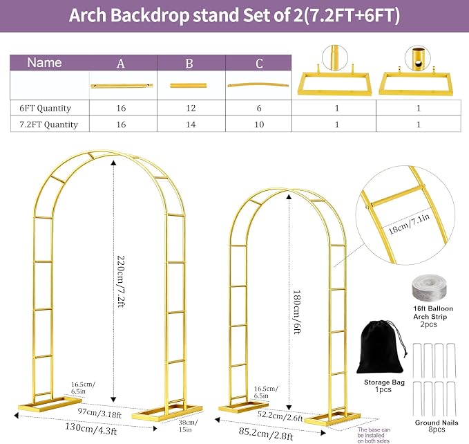 Metal Garden Arch Trellis Arbor Set of 2, 7.2FT+6FT Wedding Arch Stand with Steel Frame, Metal Pergola Arbor with Base for Decor Valentines Day Garden Trellis Climbing Plant, Bridal Party Ceremony