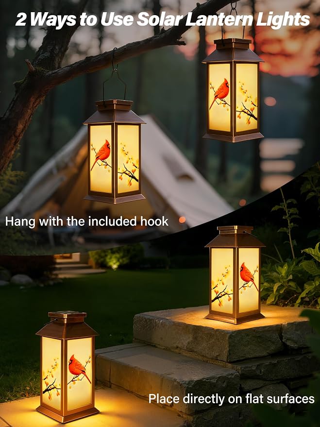 Guhope Birthday Gifts for Women Mom Grandma Men, Solar Lanterns Outdoor Waterproof Hanging Garden Decor with Cardinal Pattern Outdoor Solar Lights for Garden Lawn Yard Patio Porch (Cardinal)