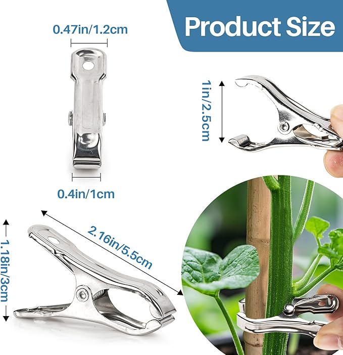 RAINFLOW 50 PCS Garden Clips - Stainless Steel Greenhouse Clamps,Grip Strong Heavy Duty Metal Greenhouse Supplies,Garden Clips for Netting, Hoops,Shade Cloth,Plant Cover