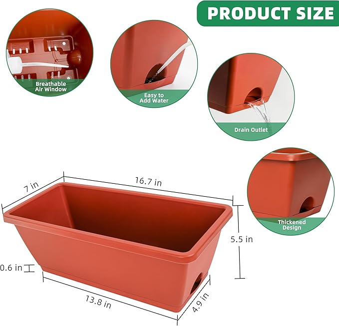 LOCONHA Window Box Planter, Plastic Vegetable Flower Planters Boxes 17 Inches Rectangular Flower Pots with Saucers for Indoor Outdoor Garden, Patio, Home Decor (12, Brick Red)