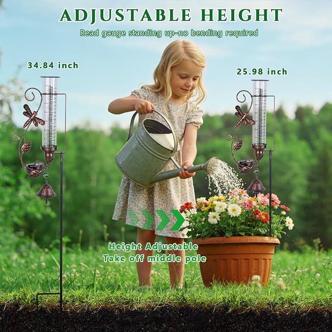Rain Gauge Outdoor, Solar Rain Gauges with 7" Plastic Tube, Dragonfly Metal Rain Gauge with Decorative Bell for Garden Yard Lawn Decor