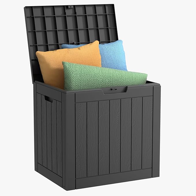 EasyUp 32 Gallon Resin Deck Box Waterproof, UV Resistant Outdoor Storage Box for Delivery, Patio, Garden,and Porch,Striped Black