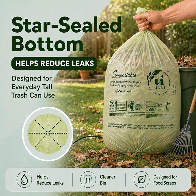 UNNI Compostable Lawn & Leaf Bags, 30-33 Gallon / 124 Liter, 40 Count Value Pack, Extra Thick 1.1 mil Yard Waste & Food Scrap Liners, BPI, CMA & OK compost HOME Certified (Meets ASTM D6400)