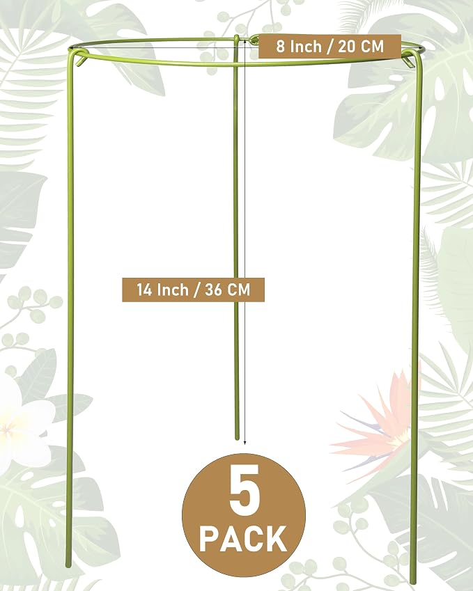 5-Pack Heavy Duty Plant Support Stakes, Metal Plant Ring Cages for Indoor Outdoor Plants, Adjustable Garden Stakes for Peonies, Monstera, Pothos, Hydrangea, Vines & Potted Plant (8" W x 14" H)
