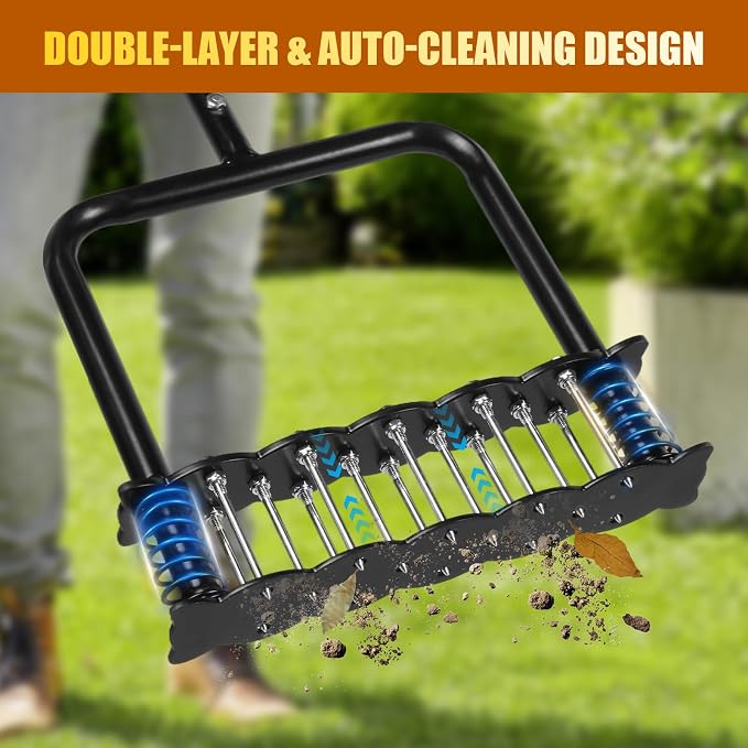Lawn Aerator Tool with 14 Metal Spikes – Manual Yard Aerator with Spring Base & Auto Leaf Cleaning for Soil Aeration, Lawn Care, Grass Health – Heavy Duty Aerator for Garden, Backyard, Patio