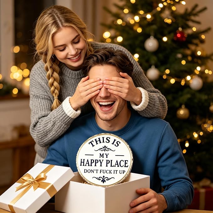 Funny Garden Metal Sign -"This Is My Happy Place Don't F*ck It Up Farmhouse Outdoor Art, Vintage Decor, Welcome Round Sign for Home Garden Farm Bar or Coffee Wall Decor (7.9 * 7.9in)