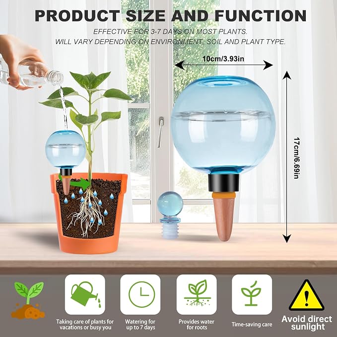 6 Pack Self Watering Globes 17oz Large Plant Watering Globes Top Fill, Self Water Planter Insert Indoor/Outdoor Plastic Water Bulbs Slow Release Terracotta for Plants, Blue