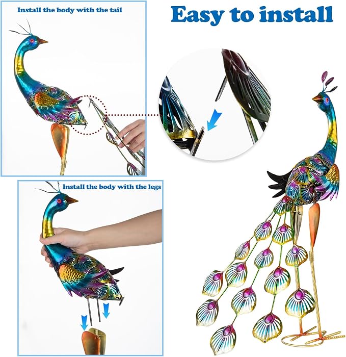 XONOR Metal Peacock Garden Statues Peacock Yard Art Outdoor Sculptures for Home Patio Lawn Backyard Décor, Set of 2