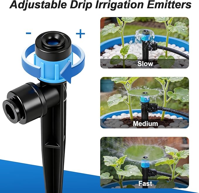30 Pack Quick Connect 1/4 Inch Drip Irrigation Emitters Fittings, 1/4'' Dripline Push-to-Fit Irrigation Vortex Emitters Adjustable 360 Degree Emitter with Stake for Garden Sprinkler Systems