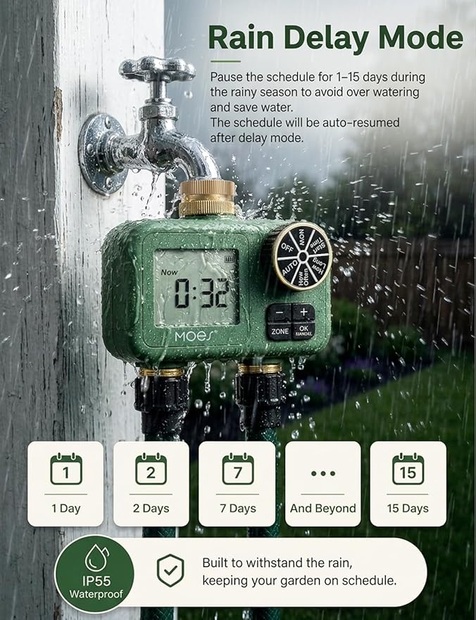 MOES 2-Zone Water Timer for Garden Lawn Hose — 3/4" Brass Inlet & Outlets, Independent Dual-Outlet Sprinkler Timer, Programmable Irrigation Controller with Rain Delay & Manual Mode, Battery Powered