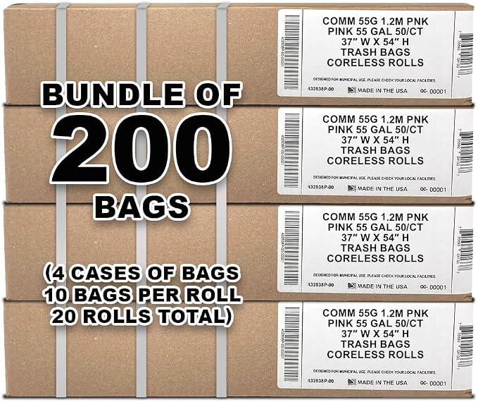 Ultrasac Heavy Duty 55 Gallon Pink Trash Bags - (Value 200 Pack) - 1.5 MIL equivalent Industrial Strength Plastic 37" x 54" for 50-55 Gal Cans -Fits Toter, Rubbermaid Brute, Carlislie Bronco etc.