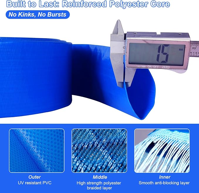 1.5-Inch 50FT Pool Backwash Hose – Fits Pump Outlets with Outside Diameter 1.1" to 1.5", Heavy-Duty, Includes 2 Stainless Steel Clamps, for Above-Ground Pools, Sump Pump Discharge