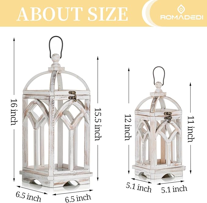 Romadedi Decorative Candle Lantern Wood - Rustic Wooden Lantern for Farmhouse Home Living Room Shelf Patio Table Decoration Christmas Holloween Wedding Party Table Centerpiece, Washedwhite