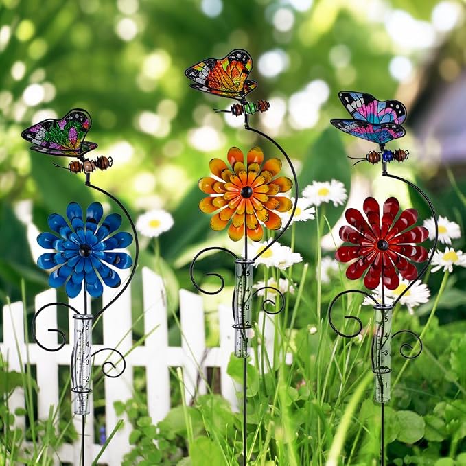 Rain Gauge Outdoor, 3 Pack Butterfly Rain Gauges with 5" Plastic Tube, Metal Flower Decorative Garden Stakes for Yard Patio Lawn Decor