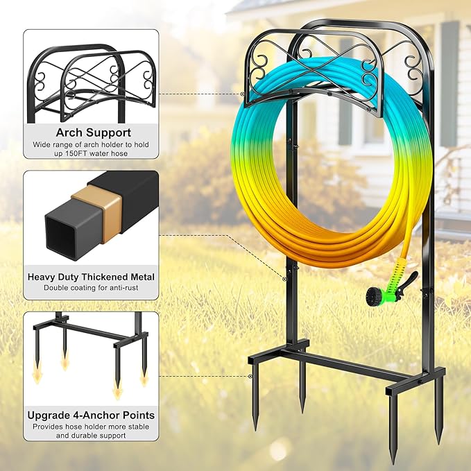 Gtongoko Garden Hose Holder for Outside 43" Heavy Duty Freestanding Water Hose Holder with 4 Stable Spikes Metal Hose Stand Holds Up to 150FT Hose & 44LB Detachable Hose Storage for Yard Lawn Patio