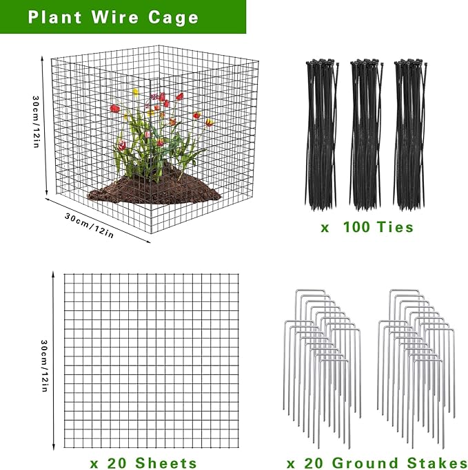 20 Pcs Plant Protector from Animals, 5 Pack 12'' x 12'' Reusable Metal Square Plant Cages, Wire Mesh Garden Cloches to Keep Rabbits, Squirrels and Chicken Out and Protection Vegetables Flowers Shrubs