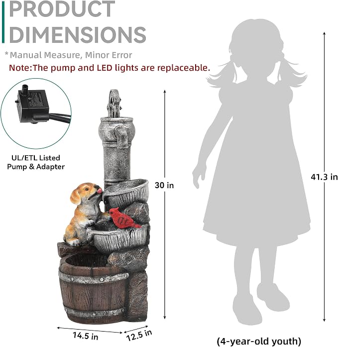 30" Puppy & Red Bird Outdoor Fountain, 3-Tier Pastoral Water Feature with LED Lights, Resin Two Bowls & Wooden Barrel Soothing Cascading Waterfall for Patio, Backyard, Garden