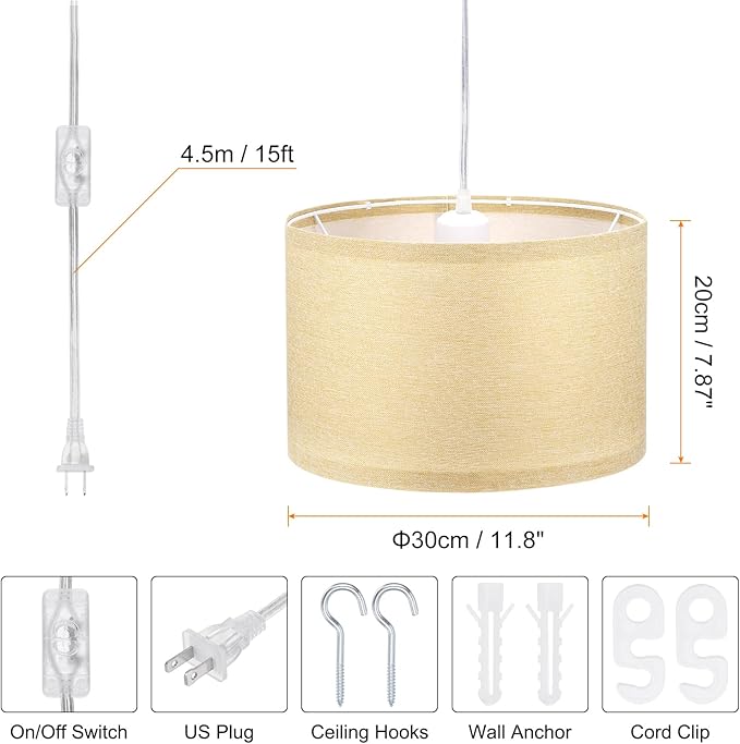 PATIKIL Plug in Pendant Light, 15Ft Rope Cord Hanging Lamp Fixture with ON/Off Switch, Linen Fabric Shade E26/E27 Bulb Socket for Bedroom Kitchen Living Room, Linen