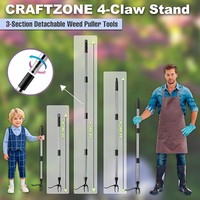 Weed Puller Detachable Stand Up Weed Puller Tool Long Handle with 4-Claw Stainless Steel Head & Removable 4-Section Pole Garden Hand Weeding Tools - Stand up and Weed Effortlessly