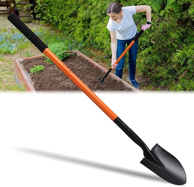 Small Round Point Digging Shovels, Garden Spade Shovel Beach Shovels with 43.3in Handle,Heavy Duty Portable Metal Shovel for Gardening Camping Trenching Digging Landscaping,Off-Road Use, Orange