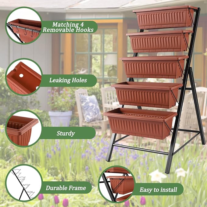 TEANDE Vertical Raised Garden Bed, 5-Tier Elevated Planter Box w/Drainage System & 4 Hooks for Herbs Vegetables Flowers, Vertical Garden Planter for Patio Yard Indoor Outdoor