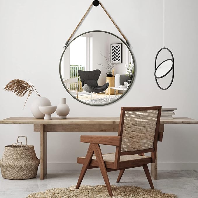 POZINO Round Mirror with Rope, 30 Inch Large Circle Hanging Mirror with Grey Metal Frame, Farmhouse Decorative Mirror for Bathroom Bedroom Living Room Entryway Fireplace
