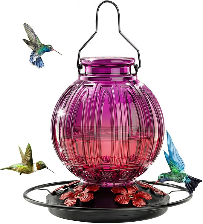Glass Hummingbird Feeder for Outdoors Hanging, 26Oz Bird Nectar Feeder with Perch & 5 Flower Feeding Ports, Leak Proof for Outside Garden Decor Backyard, Gifts for Women Mom, Purple & Red
