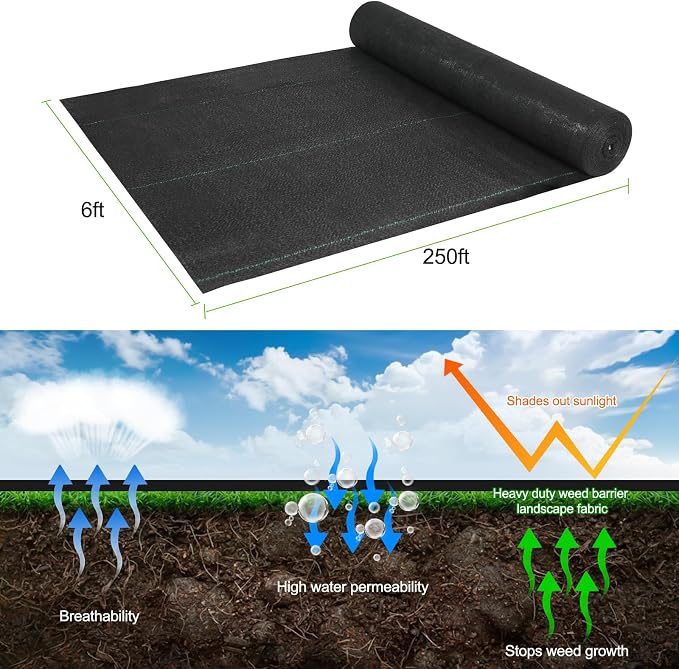 Jevrench 5oz Weed Barrier Landscape Fabric Heavy Duty, 6ft x 250ft Dual-Layer Premium Garden Landscaping Fabric, Ground Cover Weed Control Fabric Outdoor Weed Mat Garden Lawn Fabric