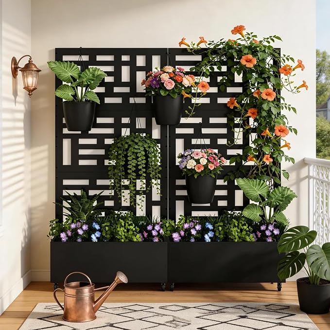 Baotree Metal Raised Garden Bed with Trellis and Wheels, 72"x 35"x 16" Privacy Planters for Patio, Planter Box with Drainage Holes for Climbing Plants, Flower, Vegetable (Black-Helen)