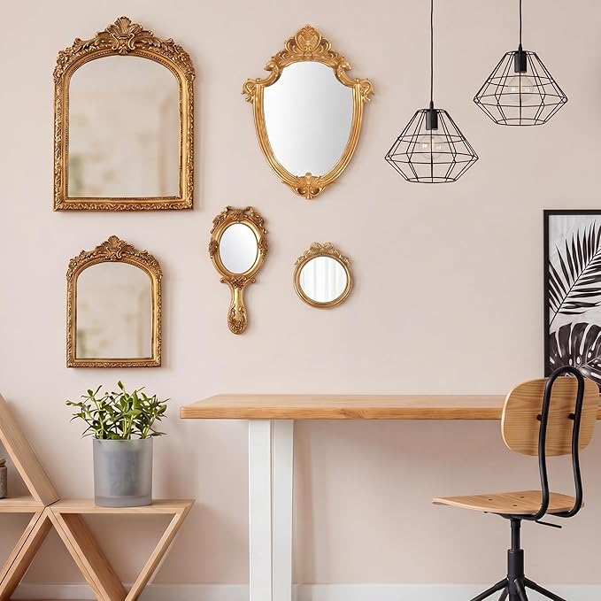 5 Pcs Vintage Gold Mirror Luxury Set Small Gold Mirrors Vintage Gallery Wall Mirror Hanging Antique Art Decor for Wall Living Room Entryway Assorted Sizes(Classic Style,13in/8in/7in/4in)
