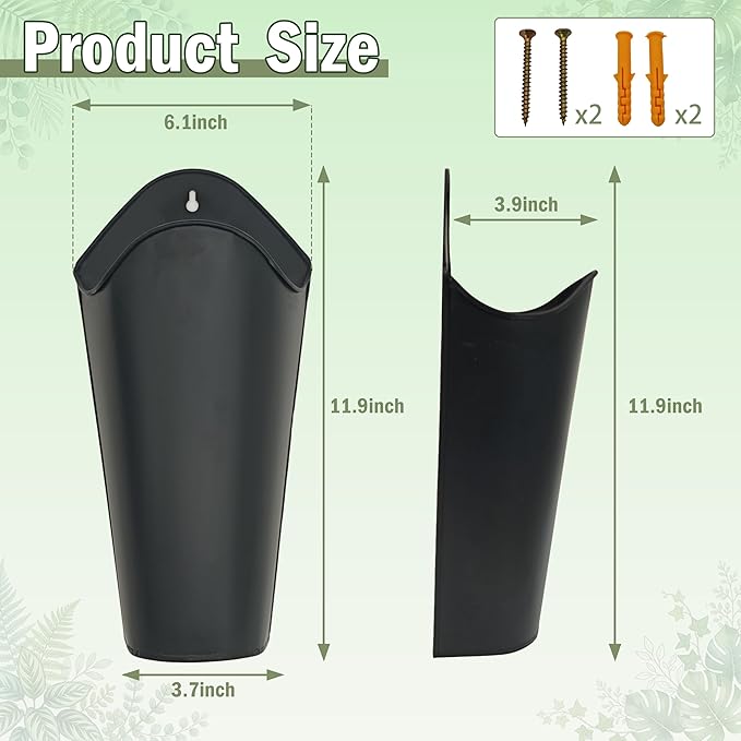 12 Inches Galvanized Wall Planters, Set of 2 - Black Metal Hanging Flower Buckets for Farmhouse Decor, Tall Tin Vases for Dried Flowers & Greenery, Indoor Outdoor Country Decor
