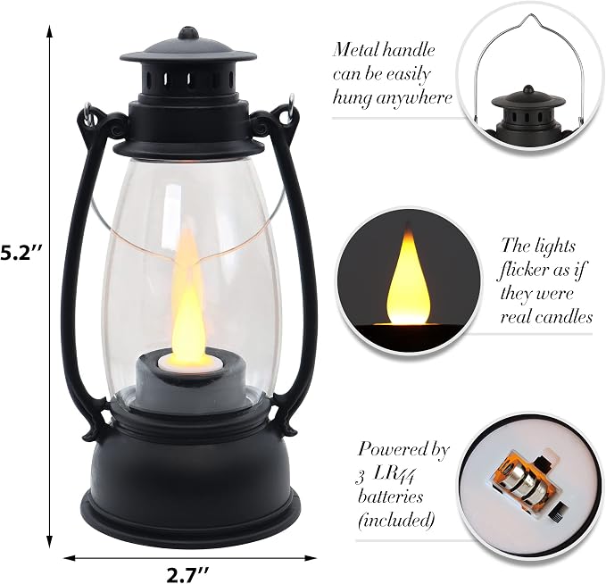 LLQ Mini Decorative Lanterns - 12pcs with Flicker Candles, Hanging Lanterns for Home & Wedding Decor, Table Centerpiece, Battery Included, Black