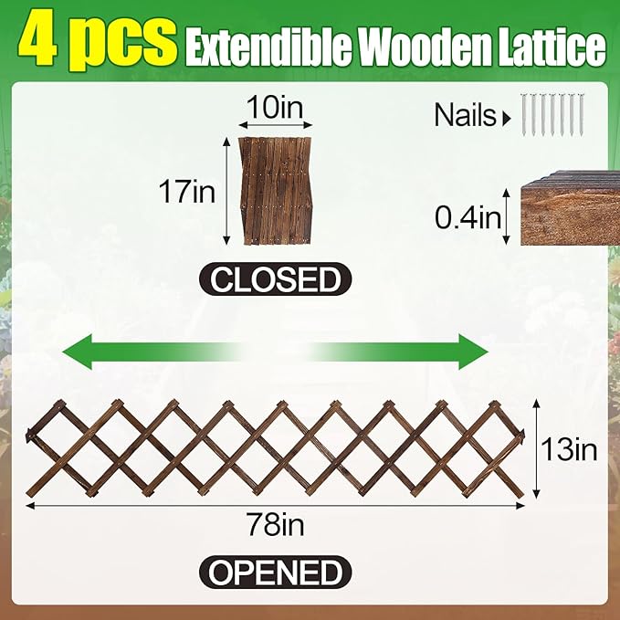 4Packs 13x78in Expandable Wood Wall Trellis for Climbing Plants Outdoor - Lattice Panels for Outside Indoor Balcony Patio Garden, Ideal for Ivy, Vines, Clematis, Roses