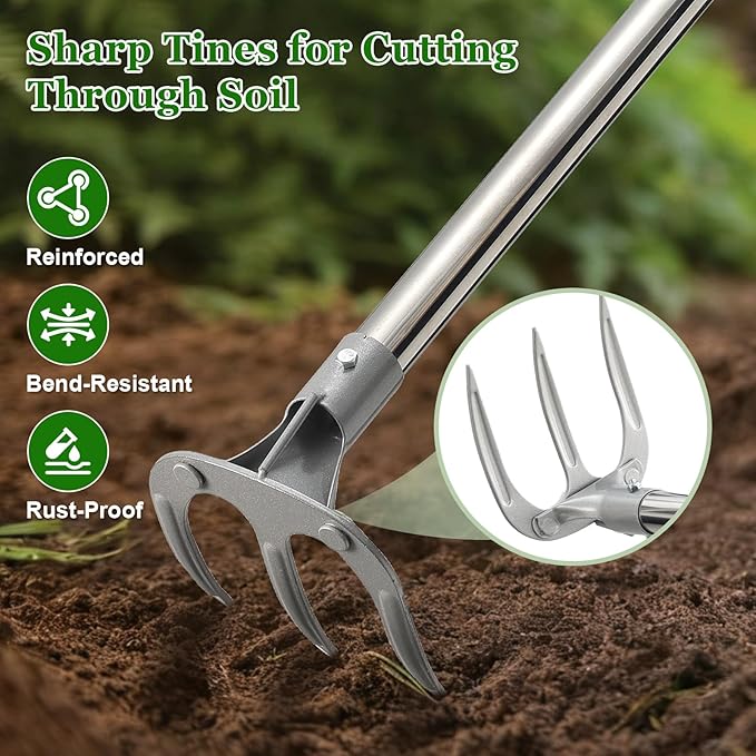 COCONUT 65” Long Handle Weeding and Cultivating Rake, 3-Tine Garden Rake for Stand Up Gardening, No Bending or Kneeling to Loosen Soil, Heavy Duty Steel with D-Grip Handle