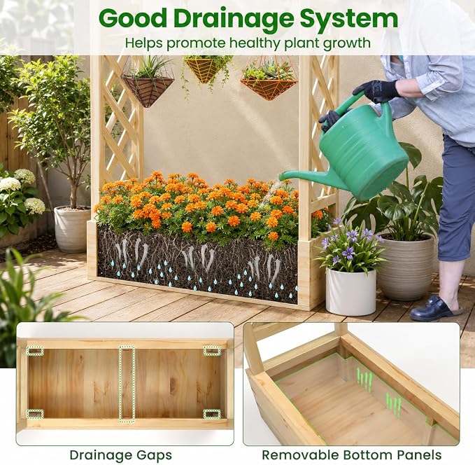 Giantex Set of 2 Raised Garden Bed with Sided Trellis & Hanging Roof, Wood Planter Box, Freestanding Garden Planter Raised Bed for Flowers Herbs Climbing Vines 44”x14”x45” (L x W x H)